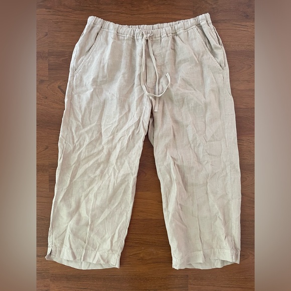 Fresh Produce Sz L 100% Linen Crop Pants Pull On Wide Leg Drawstring Beige - Picture 1 of 8